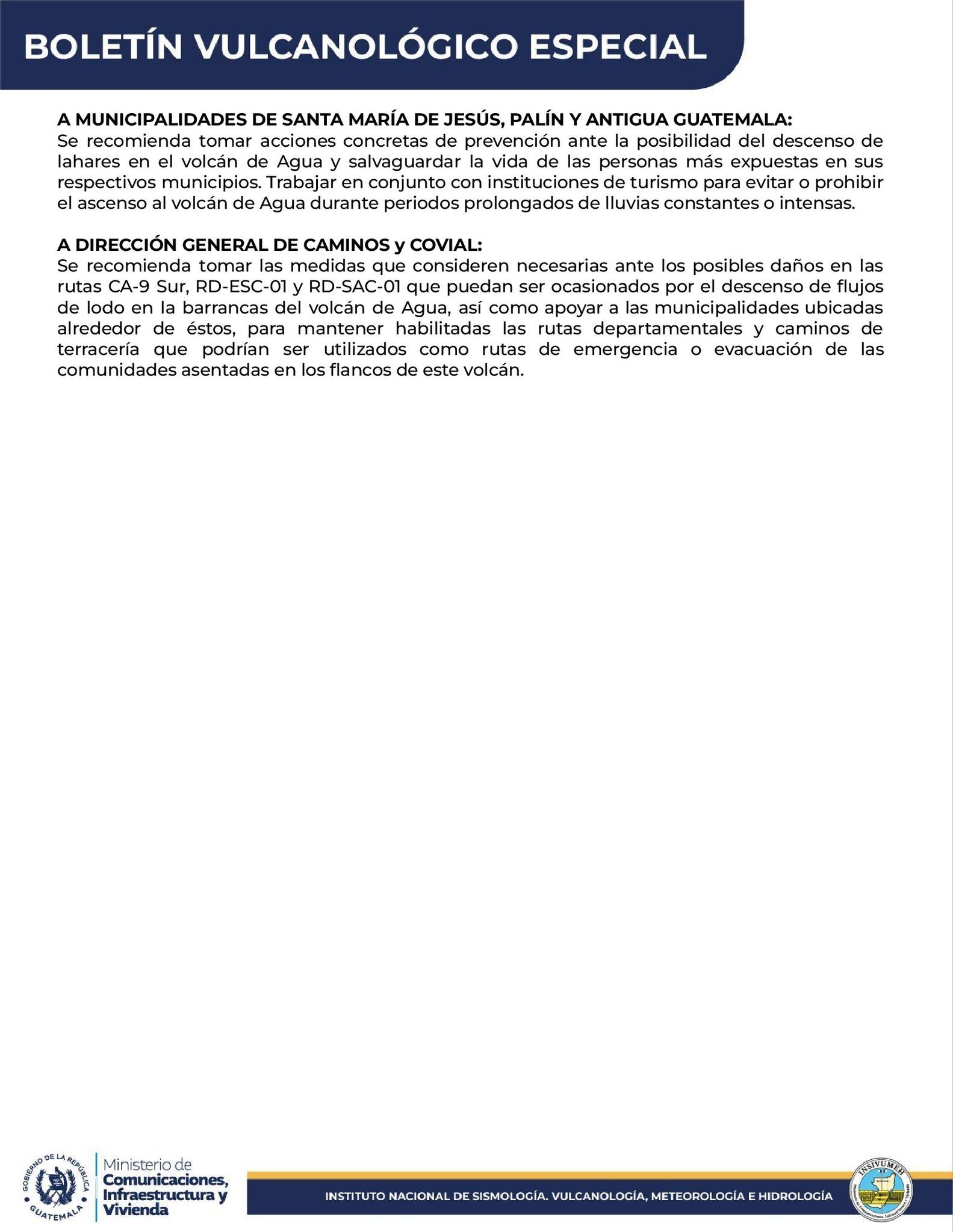 Boletín del Insivumeh sobre la alerta por grietas en el volcán de Agua