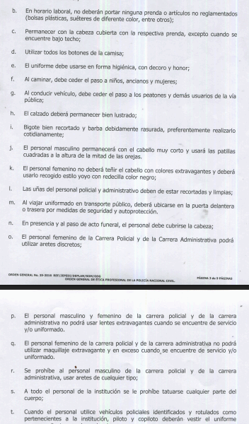 El artículo 7 de la Orden General de Ética Policial se utilizó para criticar a la funcionaria policial.