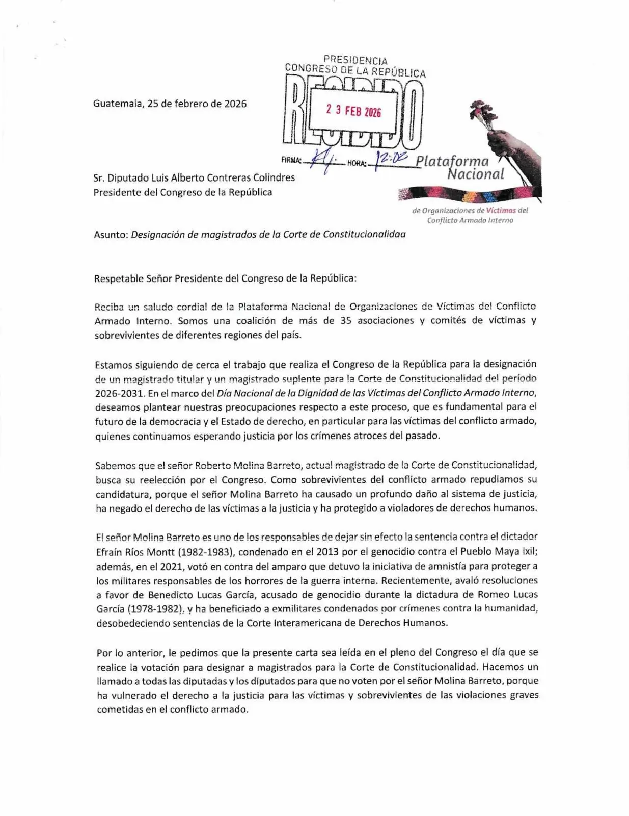 Carta Plataforma Nacional de Víctimas contra el magistrado de la CC Roberto Molina Barreto