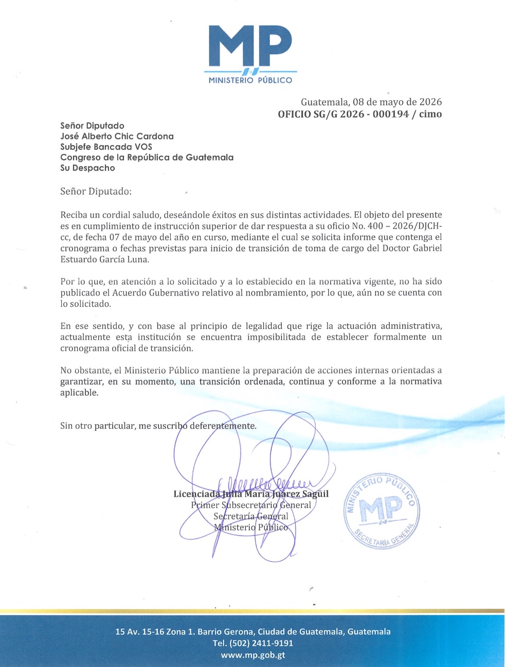 Carta MP no hay transición en cambio de fiscal general
