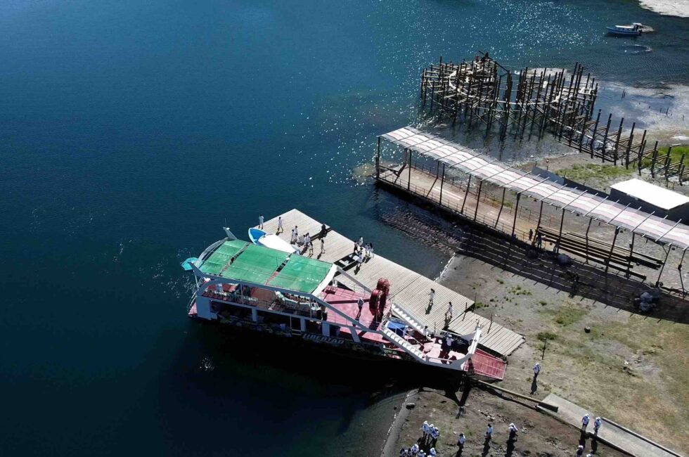 Muelle del lago Atitlán vista desde San Lucas Tolimán, con la estructura que en agosto de 2026 ha quedado expuesta por descenso del agua FOTO AMSCLAE