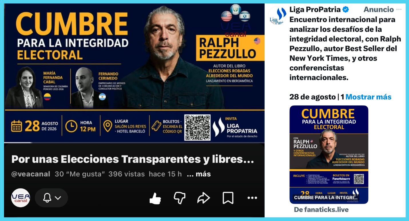 La Liga ProPatria organizó la «Cumbre para la integridad electoral» y tenía como invitado a Cerimedo. En los últimos días lo eliminó de su publicidad. Fotos: Liga ProPatria