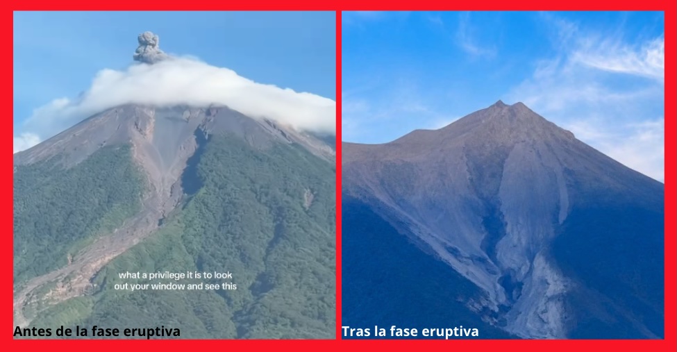 antes y despues del volcan de fuego de la fase eruptiva de agosto de 2026