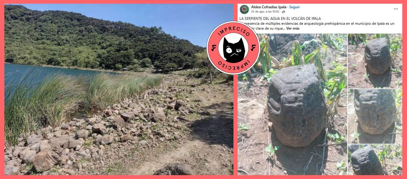 En redes sociales relacionaron la falta de lluvias y la supuesta reducción del caudal de la laguna de Ipala con el hallazgo de la piedra tallada, pero el Ministerio de Cultura confirmó que la piedra fue encontrada en las faldas del volcán y aún no se puede determinar su origen. Fotos: Redes sociales